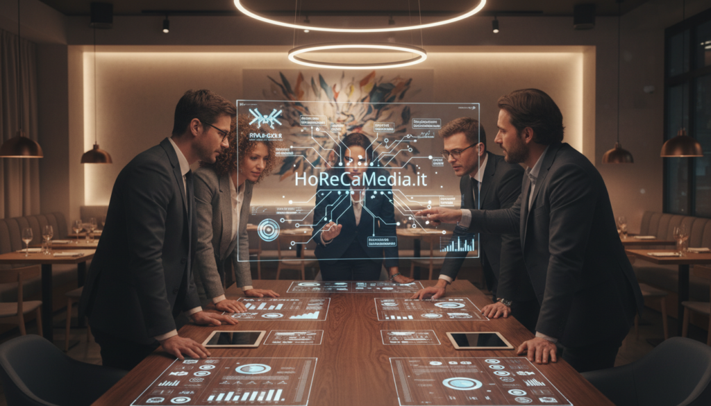 A modern restaurant marketing brainstorming session led by artificial intelligence. In the foreground, a diverse group of professionals in smart business attire, including a woman and a man, are engaged with a holographic display showcasing marketing strategies. The mid-ground features a sleek, high-tech table with tablets and digital interfaces displaying charts and analytics related to restaurant marketing. The background reveals a stylish restaurant interior with ambient lighting, showcasing tables and a cozy atmosphere. The scene is illuminated with soft, focused light from overhead fixtures, creating a futuristic yet welcoming mood. The brand "HoReCaMedia.it" is subtly integrated into the holographic display, emphasizing the use of AI in marketing solutions.