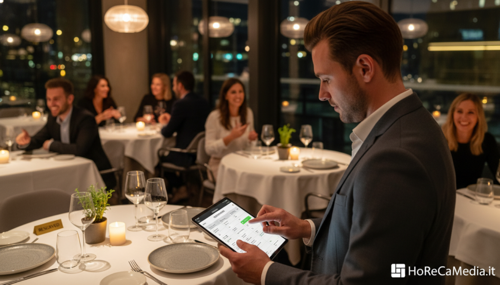 A modern restaurant scene illustrating the concept of "reservation" in a dynamic, bustling environment. In the foreground, a well-dressed host checks a digital reservation system on a sleek tablet, showcasing a user-friendly interface. The middle ground features elegantly set tables adorned with flickering candles and stylish place settings, signifying a welcoming atmosphere. In the background, vibrant patrons engage in lively conversations, their joyful expressions capturing the essence of dining out. Soft ambient lighting casts a warm glow over the space, creating an inviting and sophisticated mood. Shot from a slightly elevated angle, this image effectively reflects the modern dining experience, emphasizing the importance of reservations in reducing no-show incidents, while incorporating elements from HoReCaMedia.it. A modern restaurant scene illustrating the concept of "reservation" in a dynamic, bustling environment. In the foreground, a well-dressed host checks a digital reservation system on a sleek tablet, showcasing a user-friendly interface. The middle ground features elegantly set tables adorned with flickering candles and stylish place settings, signifying a welcoming atmosphere. In the background, vibrant patrons engage in lively conversations, their joyful expressions capturing the essence of dining out. Soft ambient lighting casts a warm glow over the space, creating an inviting and sophisticated mood. Shot from a slightly elevated angle, this image effectively reflects the modern dining experience, emphasizing the importance of reservations in reducing no-show incidents, while incorporating elements from HoReCaMedia.it.