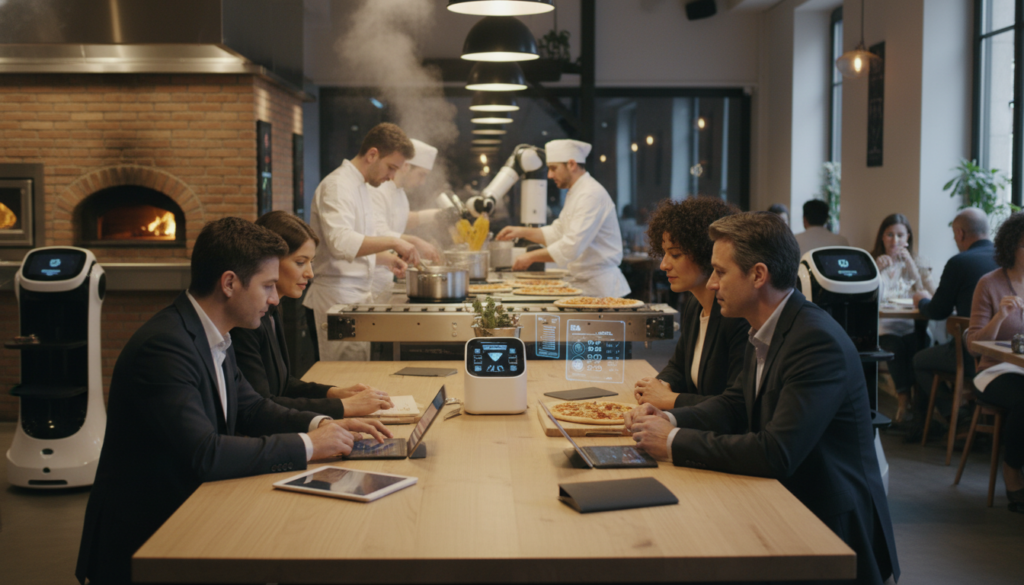 A modern restaurant scene illustrating the impact of artificial intelligence on productivity in the Italian food and beverage sector. In the foreground, a diverse team of professionals in smart casual attire collaborates around a table filled with high-tech devices, such as tablets and AI-driven kitchen equipment. The middle ground features chefs using automated cooking machines, showcasing efficiency and innovation in food preparation. The background displays a bustling restaurant environment with guests enjoying meals while interacting with AI-powered service robots. Soft, warm lighting enhances the inviting atmosphere, captured with a shallow depth of field for a professional and polished look. This image should convey a sense of synergy between technology and human expertise, highlighting the future of the HoReCa industry. A modern restaurant scene illustrating the impact of artificial intelligence on productivity in the Italian food and beverage sector. In the foreground, a diverse team of professionals in smart casual attire collaborates around a table filled with high-tech devices, such as tablets and AI-driven kitchen equipment. The middle ground features chefs using automated cooking machines, showcasing efficiency and innovation in food preparation. The background displays a bustling restaurant environment with guests enjoying meals while interacting with AI-powered service robots. Soft, warm lighting enhances the inviting atmosphere, captured with a shallow depth of field for a professional and polished look. This image should convey a sense of synergy between technology and human expertise, highlighting the future of the HoReCa industry.