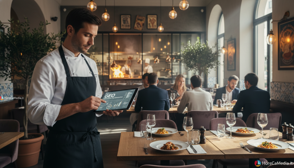 A modern restaurant scene showcasing "GEO Generative Engine Optimization" in action. In the foreground, a stylish, professional chef in a clean, crisp uniform examines a digital tablet displaying analytics on customer preferences and menu optimizations. In the middle distance, tables with diners enjoying gourmet dishes surrounded by elegant decor that reflects a mix of modern and traditional Italian styles, emphasizing the culinary experience. The background features a vibrant kitchen, with chefs preparing dishes, illuminated by warm, inviting lighting that sets a friendly and engaging atmosphere. Light streams through large windows, creating a dynamic interplay of shadows and highlights, capturing the essence of a thriving restaurant business. The setting is branded with subtle nods to "HoReCaMedia.it," integrating elements of digital sophistication with the hospitality industry's rich traditions.