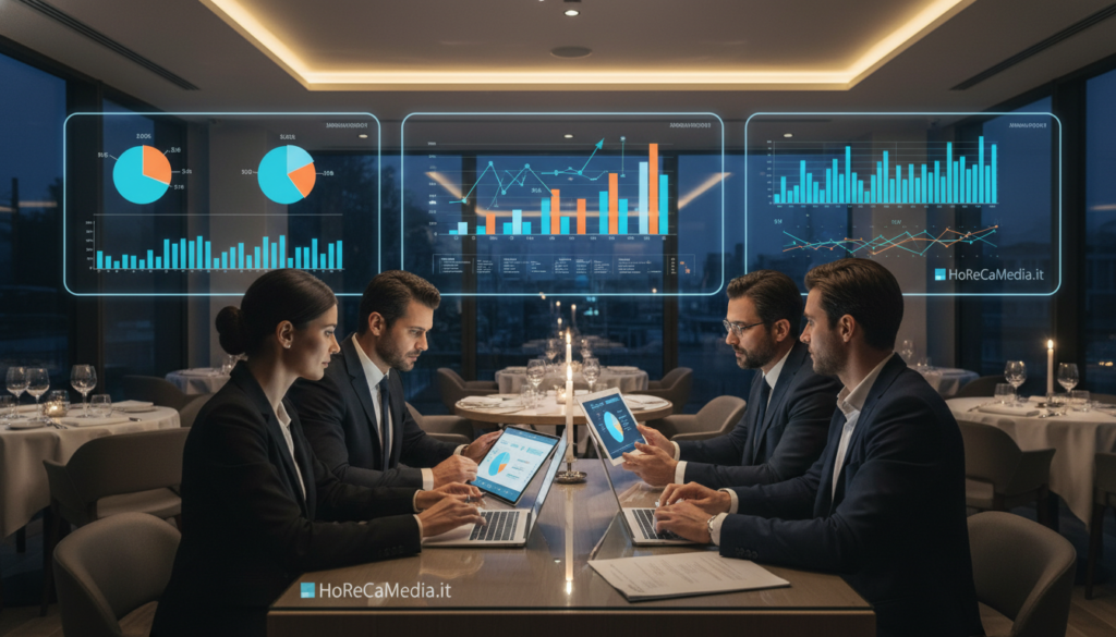 A modern restaurant scene showcasing a team of professionals in business attire analyzing sales data on digital devices. In the foreground, a diverse group of three individuals – a woman reviewing a tablet, a man typing on a laptop, and another person comparing reports – all looking focused and engaged. The middle ground features a sleek, elegant dining area with tables set for dining, creating an inviting atmosphere. In the background, large screens display colorful graphs and statistics related to sales performance, emphasizing the theme of data analysis. Soft ambient lighting illuminates the space, creating a warm, productive mood. The style is contemporary and professional, highlighting the innovative use of AI in the restaurant industry. Include the brand name "HoReCaMedia.it" subtly integrated into the design. A modern restaurant scene showcasing a team of professionals in business attire analyzing sales data on digital devices. In the foreground, a diverse group of three individuals – a woman reviewing a tablet, a man typing on a laptop, and another person comparing reports – all looking focused and engaged. The middle ground features a sleek, elegant dining area with tables set for dining, creating an inviting atmosphere. In the background, large screens display colorful graphs and statistics related to sales performance, emphasizing the theme of data analysis. Soft ambient lighting illuminates the space, creating a warm, productive mood. The style is contemporary and professional, highlighting the innovative use of AI in the restaurant industry. Include the brand name "HoReCaMedia.it" subtly integrated into the design.