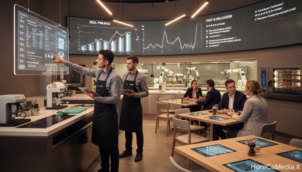 A modern restaurant scene showcasing the digital evolution in the food service industry. In the foreground, a diverse group of professional staff in smart casual attire interacts with advanced technology, such as tablets and digital menus, while preparing dishes. The middle ground features sleek, modern tables with digital payment systems and high-tech kitchen equipment visible in action. In the background, large screens display real-time data analytics and customer feedback, creating an interactive atmosphere. Warm, ambient lighting enhances the inviting vibe, while the camera angle captures both the energy of the staff and the innovative technology, emphasizing the transformation in the restaurant experience. The overall mood is optimistic and forward-thinking, reflecting the advancements in the hospitality sector. HoReCaMedia.it A modern restaurant scene showcasing the digital evolution in the food service industry. In the foreground, a diverse group of professional staff in smart casual attire interacts with advanced technology, such as tablets and digital menus, while preparing dishes. The middle ground features sleek, modern tables with digital payment systems and high-tech kitchen equipment visible in action. In the background, large screens display real-time data analytics and customer feedback, creating an interactive atmosphere. Warm, ambient lighting enhances the inviting vibe, while the camera angle captures both the energy of the staff and the innovative technology, emphasizing the transformation in the restaurant experience. The overall mood is optimistic and forward-thinking, reflecting the advancements in the hospitality sector. HoReCaMedia.it