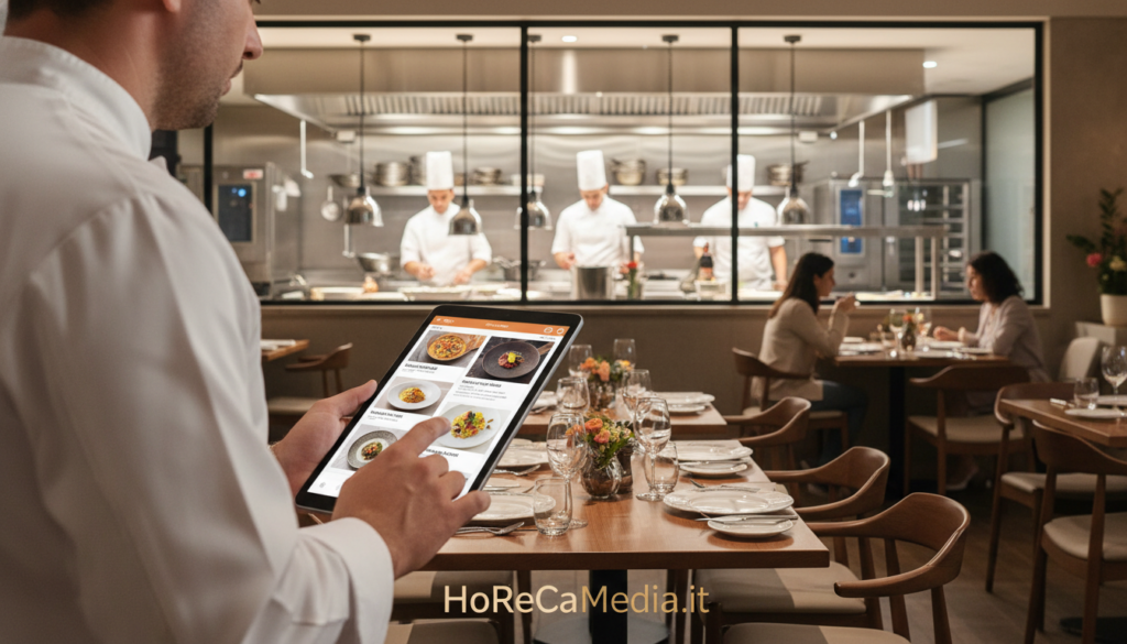A modern restaurant setting featuring an AI-powered digital menu creation tool. In the foreground, a professional-looking chef in a crisp white uniform interacts with a sleek tablet displaying a vibrant, visually appealing digital menu. The middle ground has a welcoming dining area with elegantly set tables, adorned with tasteful tableware, flowers, and dim ambient lighting. In the background, chefs can be seen busy in a state-of-the-art kitchen, emphasizing the integration of technology and culinary expertise. The atmosphere is lively yet refined, evoking a sense of innovation in the hospitality industry. The color scheme should incorporate warm tones to enhance the inviting feel. Include the brand name "HoReCaMedia.it" subtly in a corner of the image, ensuring no text distractions are present. A modern restaurant setting featuring an AI-powered digital menu creation tool. In the foreground, a professional-looking chef in a crisp white uniform interacts with a sleek tablet displaying a vibrant, visually appealing digital menu. The middle ground has a welcoming dining area with elegantly set tables, adorned with tasteful tableware, flowers, and dim ambient lighting. In the background, chefs can be seen busy in a state-of-the-art kitchen, emphasizing the integration of technology and culinary expertise. The atmosphere is lively yet refined, evoking a sense of innovation in the hospitality industry. The color scheme should incorporate warm tones to enhance the inviting feel. Include the brand name "HoReCaMedia.it" subtly in a corner of the image, ensuring no text distractions are present.