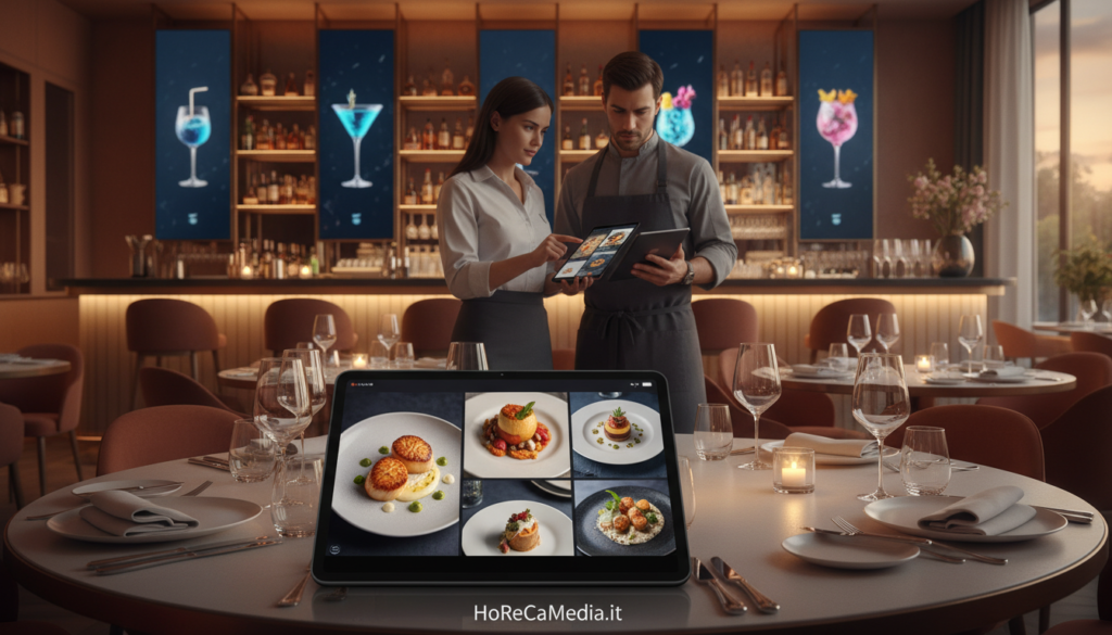 A modern restaurant setting featuring an inviting dining area with elegant table settings, soft ambient lighting, and a warm color palette that conveys a mix of professionalism and creativity. In the foreground, a digital tablet displaying vivid AI-generated images of food and menu designs, showcasing high-quality visuals that evoke a sense of gourmet dining. In the middle ground, a professional chef in smart attire reviews an AI-generated menu, while a graphic designer assists with tablet in hand. The background features a stylish bar with AI-generated drink images displayed on screens. The overall mood is innovative and engaging, illustrating the integration of AI technology in the HoReCa industry, branded subtly with "HoReCaMedia.it."