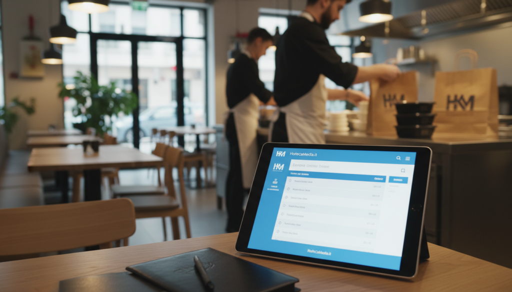 A modern restaurant setting focused on order management software for delivery services. In the foreground, a sleek touchscreen tablet displays an intuitive interface for managing orders, surrounded by a neatly arranged table with a notepad and pen. The middle ground features a kitchen staff member in professional attire, efficiently packing food orders, showcasing a sense of teamwork and coordination. In the background, bright and inviting restaurant decor emphasizes a warm atmosphere, with dining tables and soft lighting enhancing the mood. The scene captures a blend of technology and hospitality, highlighting the importance of order management in maintaining quality and margins. The image should be well-lit, with a focus on the tablet's screen, emphasizing clarity and professionalism. Incorporate branding elements of "HoReCaMedia.it" prominently in the design without text overlays. A modern restaurant setting focused on order management software for delivery services. In the foreground, a sleek touchscreen tablet displays an intuitive interface for managing orders, surrounded by a neatly arranged table with a notepad and pen. The middle ground features a kitchen staff member in professional attire, efficiently packing food orders, showcasing a sense of teamwork and coordination. In the background, bright and inviting restaurant decor emphasizes a warm atmosphere, with dining tables and soft lighting enhancing the mood. The scene captures a blend of technology and hospitality, highlighting the importance of order management in maintaining quality and margins. The image should be well-lit, with a focus on the tablet's screen, emphasizing clarity and professionalism. Incorporate branding elements of "HoReCaMedia.it" prominently in the design without text overlays.