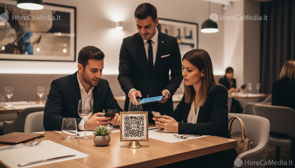 A modern restaurant setting showcasing a stylish QR code menu on a sleek wooden table. In the foreground, there is a well-designed QR code prominently displayed on a decorative card holder, surrounded by an elegant dining setup with cutlery, a wine glass, and a small potted plant. The middle ground features a professional waiter, dressed in a tailored black suit, demonstrating the QR code menu to a pair of diners at the table, who are looking intrigued and engaged. In the background, a warm ambiance with soft lighting illuminates cozy seating areas and hints of other diners enjoying their meals. The focus is soft, creating an inviting atmosphere. The overall mood reflects innovation in dining while retaining a personal touch. For branding purposes, include "HoReCaMedia.it" subtly within the decor of the setting.