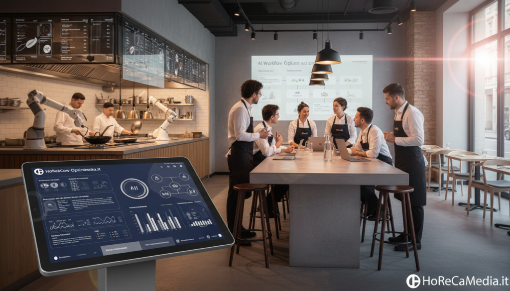 A modern restaurant setting showcasing the integration of artificial intelligence in the culinary world. In the foreground, a sleek touchscreen interface displays AI-driven analytics and menu recommendations. In the middle, a diverse group of restaurant staff, dressed in professional attire, collaborates around a table with laptops, discussing AI tools and workflow strategies. The background features a bustling kitchen with chefs utilizing advanced technology, like automated cooking devices and digital order systems. Soft, warm lighting creates an inviting atmosphere, while a lens flare subtly highlights the innovative solutions being implemented. The scene embodies a harmonious blend of tradition and technology, reinforcing the theme of AI enhancing the restaurant experience. Include branding for "HoReCaMedia.it" subtly within the environment.