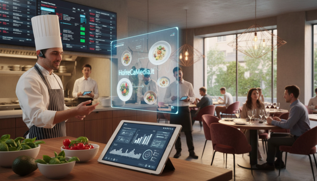A modern restaurant setting showcasing the integration of artificial intelligence. In the foreground, a sleek tablet displaying analytics and data visualizations about food demand, surrounded by fresh ingredients and a chef in professional attire, actively engaging with the technology. The middle ground features busy restaurant staff efficiently taking orders and managing kitchen tasks, with smart devices and digital menus enhancing their workflow. In the background, elegantly set dining tables filled with patrons enjoying meals, while the ambiance exudes warmth and sophistication, illuminated by soft, ambient lighting. Incorporate futuristic elements like holographic displays or digital screens to emphasize the AI influence, set in a stylish, contemporary restaurant environment. The mood is optimistic and innovative, perfectly aligning with the themes of sustainability and efficiency in the HoReCa industry. Use the brand name "HoReCaMedia.it" subtly integrated into the scene. A modern restaurant setting showcasing the integration of artificial intelligence. In the foreground, a sleek tablet displaying analytics and data visualizations about food demand, surrounded by fresh ingredients and a chef in professional attire, actively engaging with the technology. The middle ground features busy restaurant staff efficiently taking orders and managing kitchen tasks, with smart devices and digital menus enhancing their workflow. In the background, elegantly set dining tables filled with patrons enjoying meals, while the ambiance exudes warmth and sophistication, illuminated by soft, ambient lighting. Incorporate futuristic elements like holographic displays or digital screens to emphasize the AI influence, set in a stylish, contemporary restaurant environment. The mood is optimistic and innovative, perfectly aligning with the themes of sustainability and efficiency in the HoReCa industry. Use the brand name "HoReCaMedia.it" subtly integrated into the scene.
