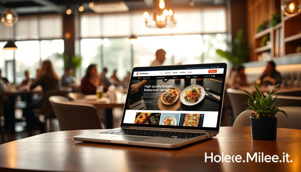 A modern restaurant website interface displayed on a sleek laptop, set on a stylish wooden table in a bright and inviting dining area. In the foreground, the laptop screen showcases an elegant design featuring high-quality food images, intuitive navigation, and a prominent reservation button. In the middle ground, the ambient lighting casts a warm glow, highlighting the restaurant's tasteful decor with soft wooden accents and fresh plants. In the background, blurred silhouettes of patrons enjoying their meals create a lively atmosphere, emphasizing the bustling yet welcoming vibe of the restaurant. The overall mood is contemporary and professional, reflecting the strategic importance of a well-designed restaurant website in 2026. Include branding elements that subtly reference "HoReCaMedia.it" within the scene. A modern restaurant website interface displayed on a sleek laptop, set on a stylish wooden table in a bright and inviting dining area. In the foreground, the laptop screen showcases an elegant design featuring high-quality food images, intuitive navigation, and a prominent reservation button. In the middle ground, the ambient lighting casts a warm glow, highlighting the restaurant's tasteful decor with soft wooden accents and fresh plants. In the background, blurred silhouettes of patrons enjoying their meals create a lively atmosphere, emphasizing the bustling yet welcoming vibe of the restaurant. The overall mood is contemporary and professional, reflecting the strategic importance of a well-designed restaurant website in 2026. Include branding elements that subtly reference "HoReCaMedia.it" within the scene.
