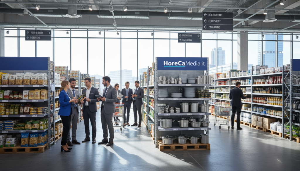 A modern self-service cash and carry store specializing in HoReCa supplies, with neatly arranged shelves displaying various food products, beverages, and kitchen equipment. In the foreground, a diverse group of professional individuals in business attire is seen selecting items and engaging in discussions. The middle ground features a bright, spacious aisle with well-organized products and clear signage directing customers. The background showcases large windows allowing natural light to flood the space, creating a welcoming atmosphere. The scene captures a vibrant and bustling environment, highlighting the efficiency and accessibility of cash and carry shopping. Use a wide-angle lens to emphasize the store's depth and perspective. The overall mood is energetic and professional, reflecting the dynamic world of HoReCa shopping. Branding is subtly incorporated with the logo "HoReCaMedia.it" displayed on a shelf.