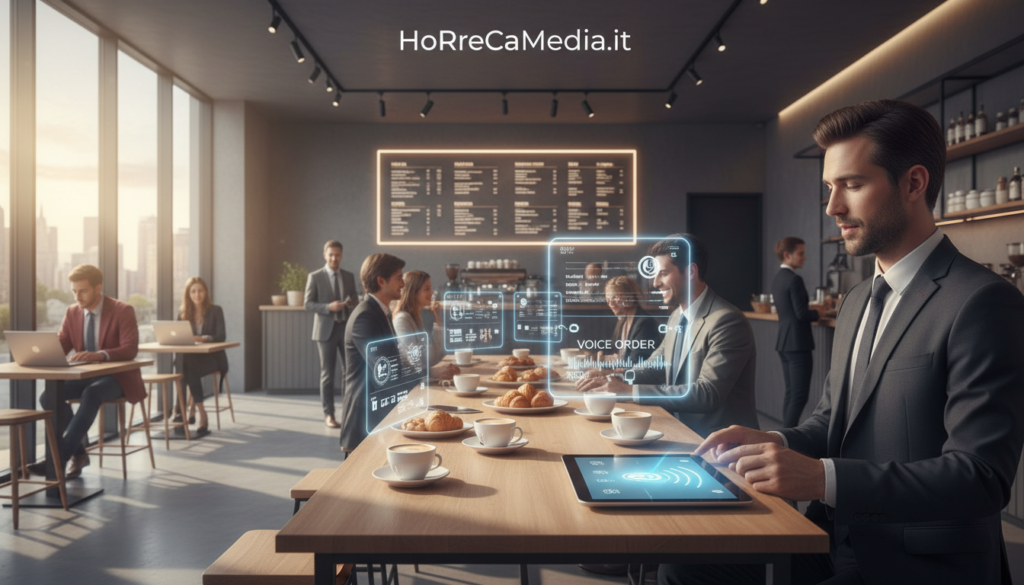 A modern, sleek coffee shop interior showcasing the concept of "voice search" in a digital hospitality setting. In the foreground, a business professional in business attire is interacting with a smart device, showcasing a voice-activated assistant. In the middle ground, a table displays an array of food and drink items, with subtle digital interfaces hovering over them, emphasizing the integration of technology in hospitality. Soft, ambient lighting creates a warm atmosphere, with sunlight filtering in through large windows, casting gentle shadows. The background features a stylish menu board and patrons enjoying their experience, illustrating the vibrant energy of the Ho.Re.Ca sector. Overall, the scene conveys innovation and the future of digital engagement in hospitality, with a focus on the brand "HoReCaMedia.it".