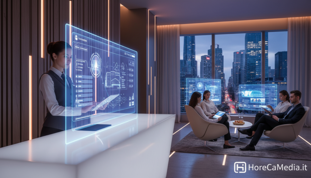 A modern, sleek hotel reception area with a futuristic touch, showcasing an interactive digital interface for conversational agents. In the foreground, a well-dressed hotel staff member is engaging with a holographic AI assistant that displays real-time information about room bookings and guest services. In the middle ground, guests are seen comfortably using tablets to interact with the AI, receiving personalized recommendations for their stay. The background features elegant decor, soft ambient lighting, and a large window revealing a view of the city skyline. The atmosphere is vibrant yet professional, conveying the integration of advanced technology in hospitality. The brand "HoReCaMedia.it" is subtly represented in the design of the digital interface, ensuring a cohesive look aligned with industry standards.