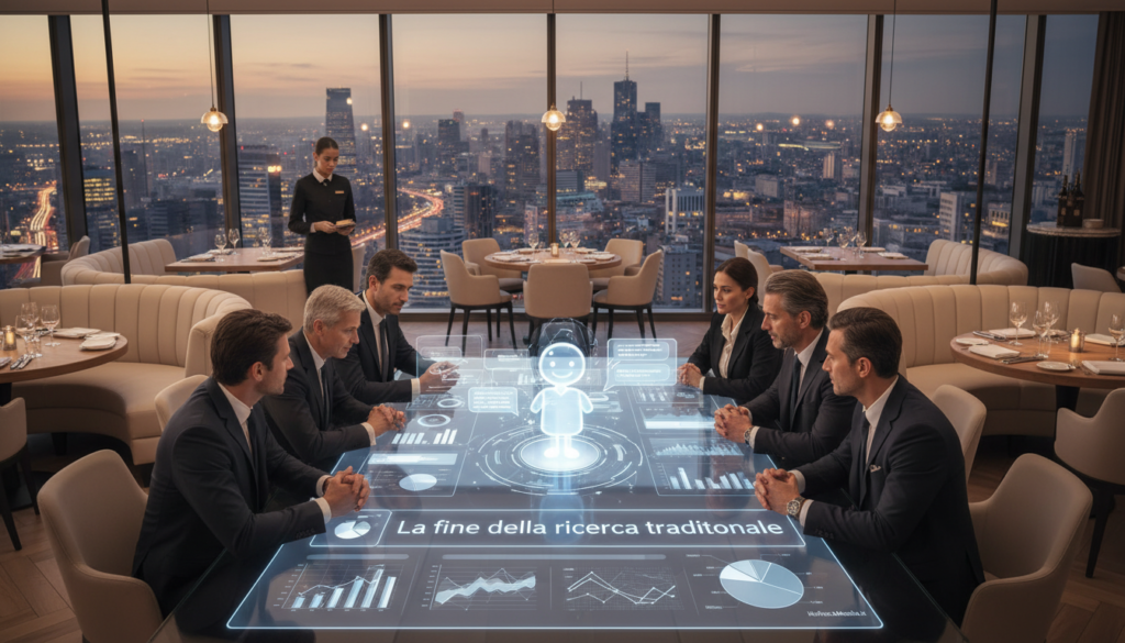 A modern, sleek restaurant setting illustrating the transition from traditional search methods to conversational search technology, with a focus on AI interaction. In the foreground, a diverse group of professionals dressed in smart business attire gathers around a digital table displaying interactive screens showing AI interfaces and analytics. The middle ground features a stylish dining area with elegant furnishings and ambient lighting, while the background reveals large windows showcasing a bustling cityscape. The atmosphere is dynamic and innovative, emphasizing collaboration and the future of information access. Soft, warm lighting enhances the professional yet inviting mood. The composition highlights the theme of "La fine della ricerca tradizionale," integrating the brand "HoReCaMedia.it" subtly within the digital displays for context.