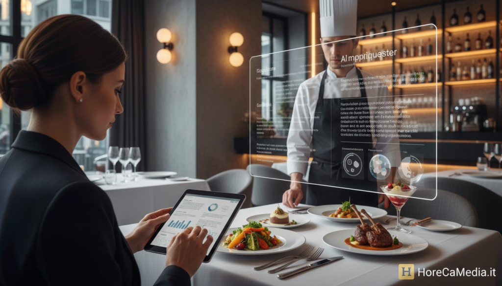 A modern, stylish restaurant interior showcasing the concept of prompt engineering in the Ho.Re.Ca sector. In the foreground, a professional business woman in smart attire is interacting with a digital tablet, analyzing data and AI prompts. In the middle, a chef and a server collaborate at a beautifully set table, surrounded by a diverse array of gourmet dishes, illustrating real-time AI applications in menu design and customer service. The background features a sleek bar area with contemporary decor, under warm, inviting lighting. The atmosphere is professional yet creative, highlighting innovative ideas and teamwork in the food and beverage industry. Delicately include the brand name "HoReCaMedia.it" in a subtle manner within the scene without making it overly prominent. A modern, stylish restaurant interior showcasing the concept of prompt engineering in the Ho.Re.Ca sector. In the foreground, a professional business woman in smart attire is interacting with a digital tablet, analyzing data and AI prompts. In the middle, a chef and a server collaborate at a beautifully set table, surrounded by a diverse array of gourmet dishes, illustrating real-time AI applications in menu design and customer service. The background features a sleek bar area with contemporary decor, under warm, inviting lighting. The atmosphere is professional yet creative, highlighting innovative ideas and teamwork in the food and beverage industry. Delicately include the brand name "HoReCaMedia.it" in a subtle manner within the scene without making it overly prominent.