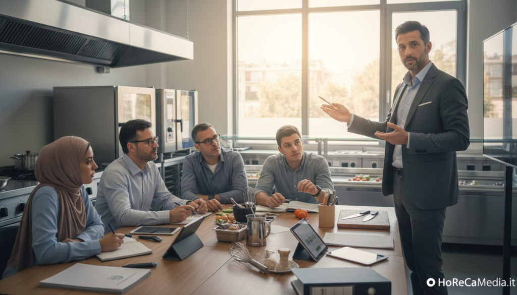 A modern training session in the Ho.Re.Ca sector, showcasing diverse professionals attentively engaged around a large table filled with culinary tools and materials. In the foreground, a confident instructor gestures while explaining concepts of hospitality and management, dressed in professional attire. In the middle, a group of enthusiastic trainees of various ages and backgrounds, actively participating and taking notes. The background features a well-equipped kitchen with state-of-the-art appliances and a bright window illuminating the space with natural light, creating a warm and inviting atmosphere. Soft focus on the surroundings enhances the sense of collaboration and learning. The overall mood reflects ambition and dedication to continuous improvement in the hospitality industry. Branding is subtly incorporated with "HoReCaMedia.it" visible on training materials.