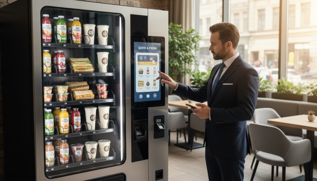 A modern vending machine in a sleek café setting, featuring an array of fresh snacks and beverages, prominently displaying a digital interface. In the foreground, a well-dressed business professional examines the machine, representing the integration of technology and convenience in the HoReCa sector. The middle ground showcases a cozy seating area with stylish furniture, hinting at the evolving consumer preferences for quick service. In the background, large windows let in natural light, emphasizing a bright and inviting atmosphere. The image captures a sense of innovation and efficiency, highlighting the challenges and changing consumption models in the vending industry. The composition should be shot from a slightly elevated angle to provide a comprehensive view of the scene. No captions or text overlays.
