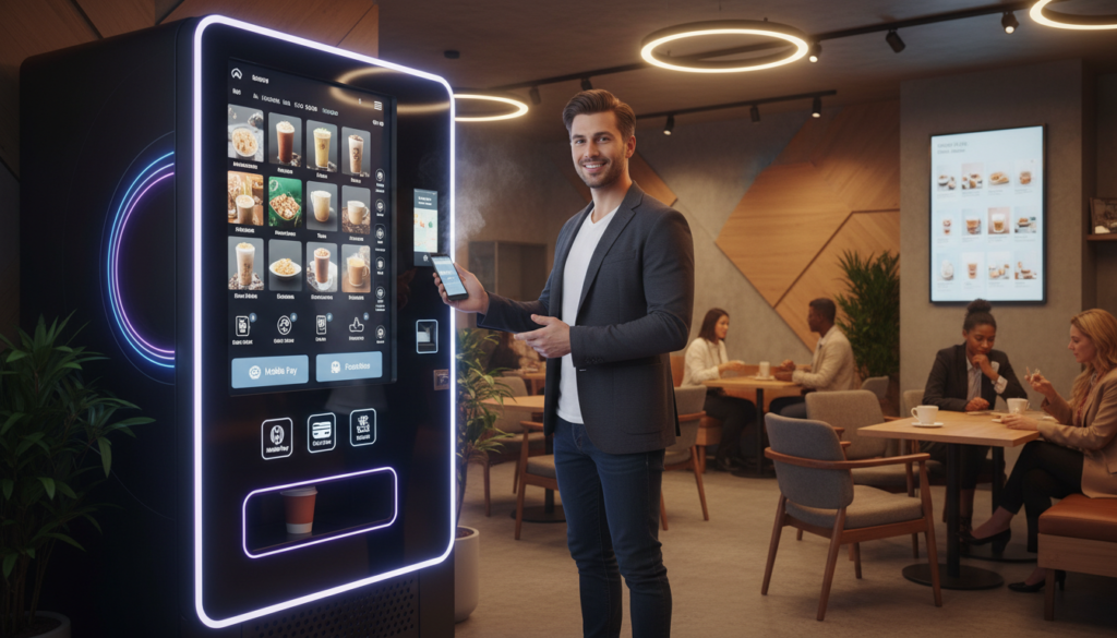 A modern vending machine surrounded by a sleek, digital interface, showcasing innovative payment systems like mobile payments and touchscreen options. In the foreground, a professional barista in smart casual clothing interacts with the machine, demonstrating its user-friendly features. In the middle ground, a well-lit café environment highlighted by artificial lighting and wooden accents, conveying a welcoming atmosphere. The background features patrons enjoying their beverages, with a digital menu board displaying product options. A futuristic design emphasizes technology, including neon edges and subtle animations illustrating the digital revolution in automated machines. The overall mood is vibrant and modern, reflecting advancements in HoReCa settings.