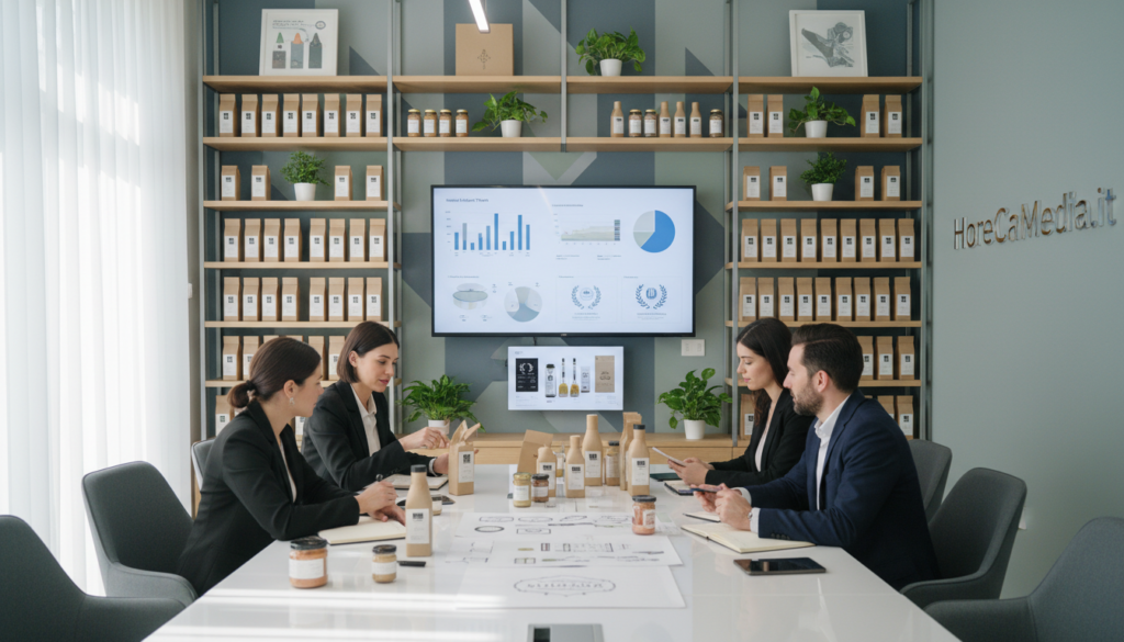 A modern, well-lit workspace showcasing collaboration in developing private label products for the HoReCa sector. In the foreground, a diverse group of professionals—two women and one man—wearing business attire engaged in a brainstorming session around a sleek conference table filled with product samples and design sketches. The middle layer features a large digital screen displaying market research data and branding concepts related to food products for restaurants and retail. The background includes shelves filled with neatly organized product prototypes and a stylish, contemporary decor, contributing to a vibrant yet professional environment. Soft natural lighting highlights the team's focused expressions, creating an atmosphere of creativity and partnership in product development for "HoReCaMedia.it." A modern, well-lit workspace showcasing collaboration in developing private label products for the HoReCa sector. In the foreground, a diverse group of professionals—two women and one man—wearing business attire engaged in a brainstorming session around a sleek conference table filled with product samples and design sketches. The middle layer features a large digital screen displaying market research data and branding concepts related to food products for restaurants and retail. The background includes shelves filled with neatly organized product prototypes and a stylish, contemporary decor, contributing to a vibrant yet professional environment. Soft natural lighting highlights the team's focused expressions, creating an atmosphere of creativity and partnership in product development for "HoReCaMedia.it."