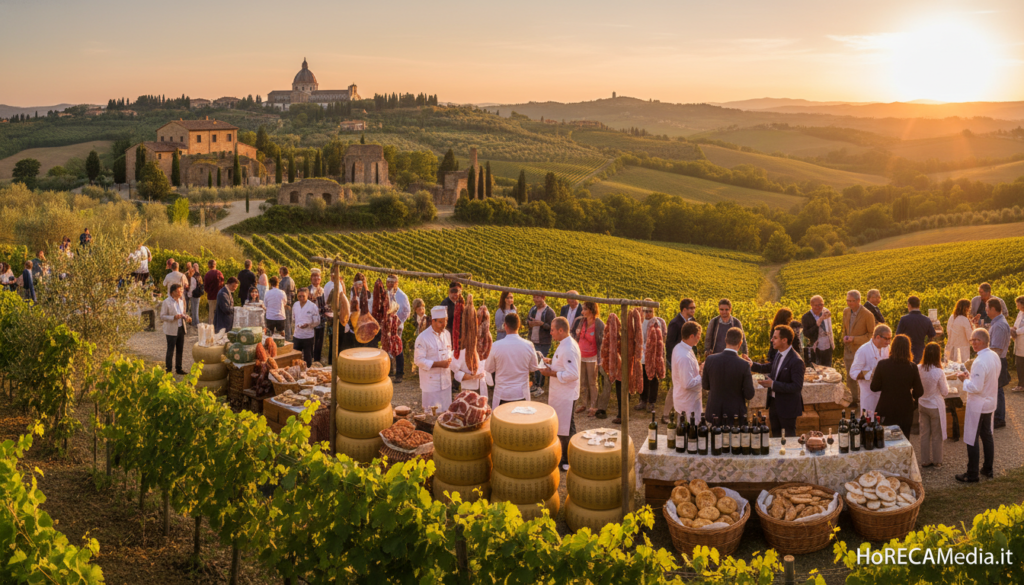 A panoramic view illustrating the concept of enogastronomic tourism in Italy, featuring vibrant landscapes with rolling hills adorned with vineyards and olive groves in the foreground. In the middle area, depict a bustling outdoor market showcasing local culinary delights, such as cheese, cured meats, and regional wines, while professionals in business attire interact with guests, discussing tourism opportunities. The background should include iconic Italian landmarks, such as rustic farmhouses and historical architecture, under a warm, golden sunset that enhances the inviting atmosphere. The composition should be captured with a wide-angle lens to emphasize the expansive scenery, creating a sense of connection to the richness of Italian food culture. The overall mood is lively and engaging, reflecting the vibrant opportunities within the enogastronomic tourism sector, inspired by HoReCaMedia.it.