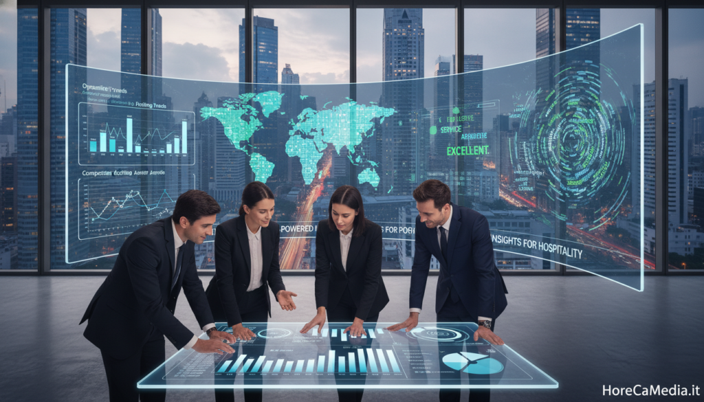 A professional and modern office setting focused on real-time data collection for the HoReCa industry. In the foreground, a diverse group of professionals, dressed in business attire, analyze charts on a sleek digital tablet, showcasing graphs related to pricing and competitor analysis. In the middle ground, a large, high-resolution screen displays live analytics, with colorful visuals representing market trends and customer sentiment. The background features large windows showing a bustling cityscape, symbolizing competitiveness. Soft, natural lighting illuminates the scene, creating a vibrant yet focused atmosphere. The overall mood is one of collaboration and innovation, underpinned by the theme of leveraging AI for strategic advantage in the hospitality sector. Include the brand name "HoReCaMedia.it" subtly integrated into the digital interface.