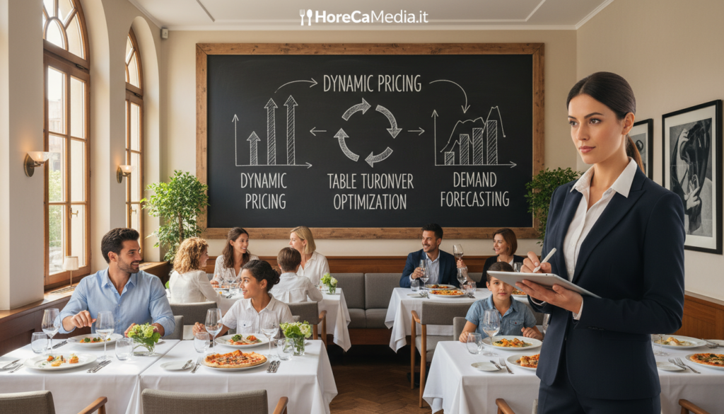 A professional and vibrant restaurant scene portraying the concept of Revenue Management in the HoReCa industry. In the foreground, a well-dressed restaurant manager observes a bustling dining area, with a focused expression, taking notes on a tablet. In the middle, tables are elegantly set with customers enjoying their meals, showcasing various dining styles and interactions. The background features a modern, stylish restaurant interior, with soft lighting creating an inviting atmosphere. A large chalkboard on the wall displays dynamic pricing strategies and table turnover concepts artistically illustrated. Use natural light filtering through large windows for a warm ambiance. Capture this scene using a slightly elevated angle to emphasize the flow of the restaurant and its operations. Aim for a professional yet engaging mood that highlights the importance of effective revenue management. Brand logo: HoReCaMedia.it.