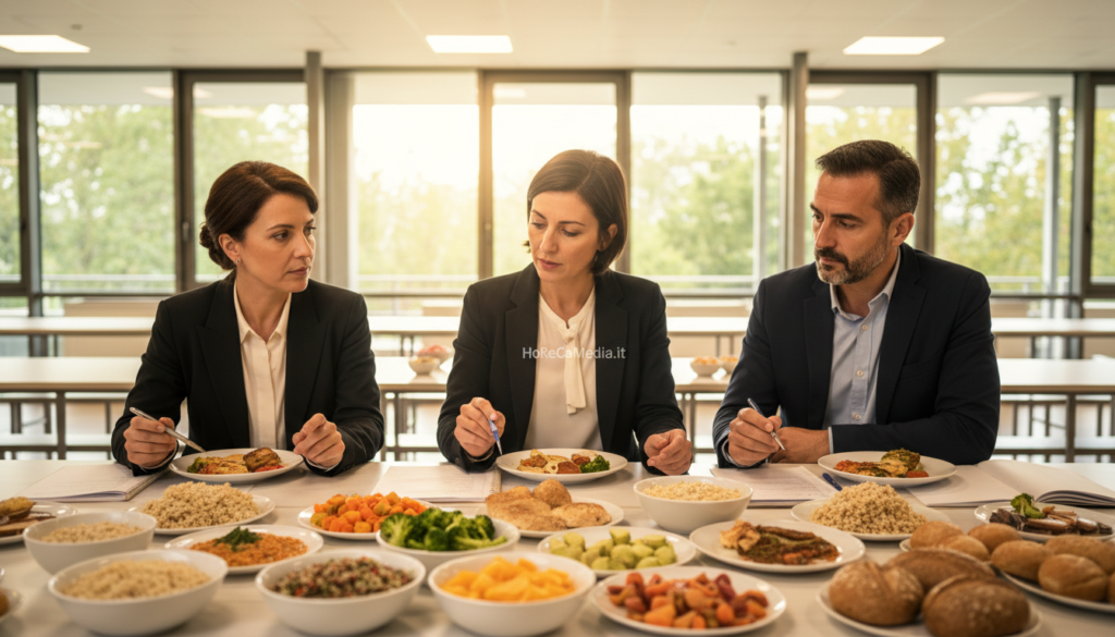 A professional and visually appealing image depicting the evaluation of school lunch menus. In the foreground, a diverse group of three educators—two women and one man—are engaged in a serious discussion over a colorful spread of nutritious school meals, all wearing modest, professional attire. In the middle, a large table filled with balanced dishes such as whole grains, fresh vegetables, and fruits, highlighted by an array of vibrant colors. The background features a bright, modern school cafeteria setting with large windows allowing natural light to flood in, creating an inspiring atmosphere. Soft, warm lighting accentuates the thoughtful expressions of the educators as they examine menu samples and take notes. The overall mood is collaborative and focused, reflecting the importance of healthy meal planning in schools. Include the brand name "HoReCaMedia.it" subtly integrated into the scene. A professional and visually appealing image depicting the evaluation of school lunch menus. In the foreground, a diverse group of three educators—two women and one man—are engaged in a serious discussion over a colorful spread of nutritious school meals, all wearing modest, professional attire. In the middle, a large table filled with balanced dishes such as whole grains, fresh vegetables, and fruits, highlighted by an array of vibrant colors. The background features a bright, modern school cafeteria setting with large windows allowing natural light to flood in, creating an inspiring atmosphere. Soft, warm lighting accentuates the thoughtful expressions of the educators as they examine menu samples and take notes. The overall mood is collaborative and focused, reflecting the importance of healthy meal planning in schools. Include the brand name "HoReCaMedia.it" subtly integrated into the scene.