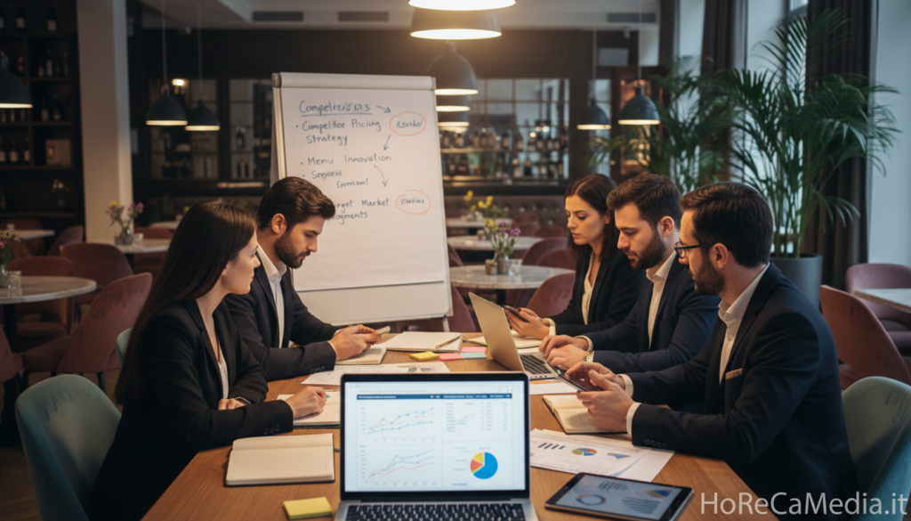 A professional business meeting in a modern restaurant setting, where a diverse group of individuals in business attire collaborate over laptops and digital devices. In the foreground, an open laptop displays market analysis graphs and competitor data. In the middle, a whiteboard showcases strategic insights about competitor pricing and menus, surrounded by market research materials. In the background, a stylish dining area reflects a thriving HoReCa environment, with elegant decor and soft lighting creating a warm atmosphere. Bright, focused lighting illuminates the discussion to emphasize a serious yet innovative mood. The logo "HoReCaMedia.it" subtly appears in a corner, enhancing the context of market analysis without overpowering the scene.