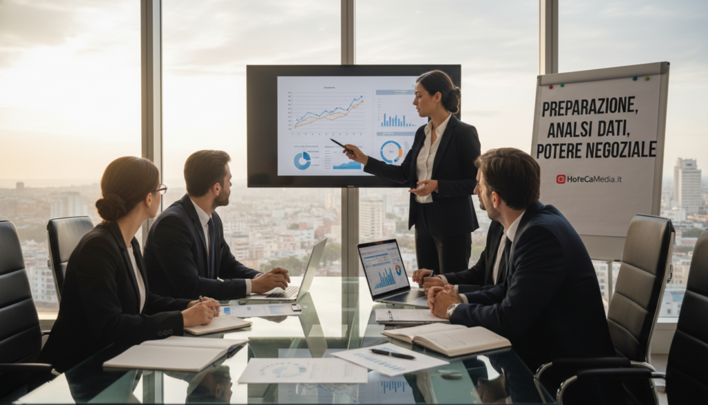 A professional business meeting in a sleek, modern conference room centered around data analysis and negotiation power. In the foreground, a diverse group of four business professionals—two women and two men—are intensely discussing over a rectangular glass table, laptops open and charts displayed on screens. One woman is presenting a data chart, pointing at it with a pen. The mood is focused and collaborative, with a sense of urgency. In the background, large windows reveal a cityscape, letting in natural light that bathes the room in a warm glow. Subtle details like digital graphs and notepads on the table emphasize the analytical theme. The overall atmosphere conveys professionalism and strategic planning. Capture the essence of "preparazione analisi dati potere negoziale" for the article by HoReCaMedia.it.