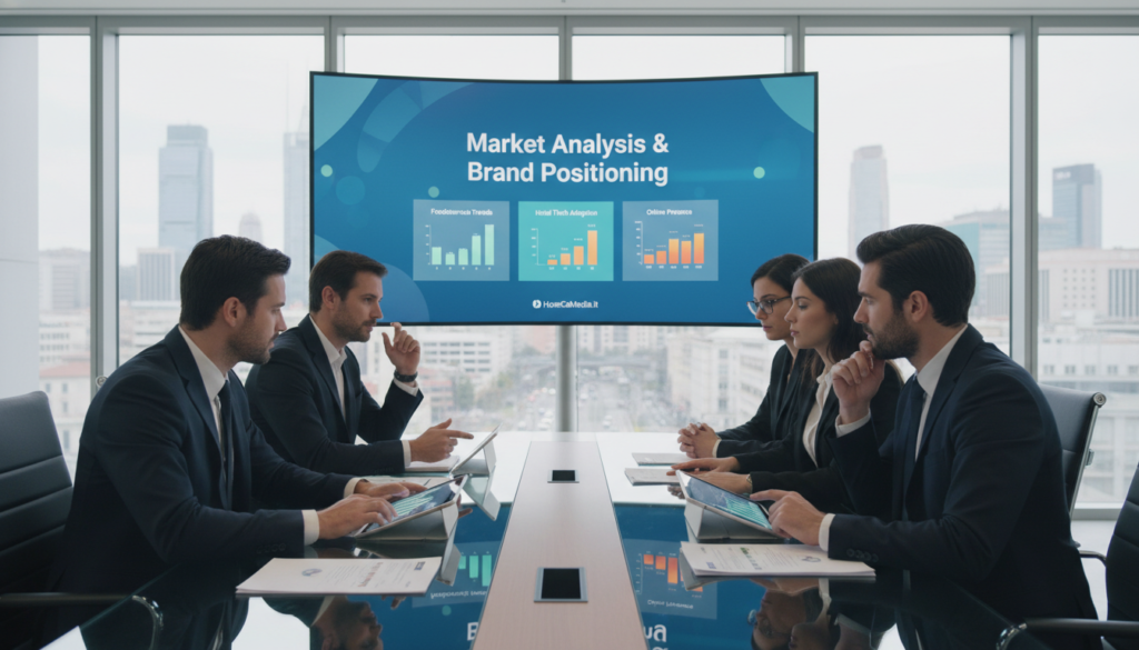 A professional business meeting scene focused on market analysis and brand positioning in the Ho.Re.Ca industry. In the foreground, a diverse group of professionals in smart business attire are collaborating around a modern conference table, analyzing charts and graphs on digital tablets. In the middle, a large display screen shows a colorful infographic titled "Market Analysis & Brand Positioning." The background features a bright, well-designed office space with large windows letting in natural light, showcasing a bustling city view. The atmosphere is dynamic and focused, conveying teamwork and strategic planning, emphasizing innovation in the Ho.Re.Ca sector. The brand name "HoReCaMedia.it" is subtly present in the scene through branding elements on the digital tablets and reports.