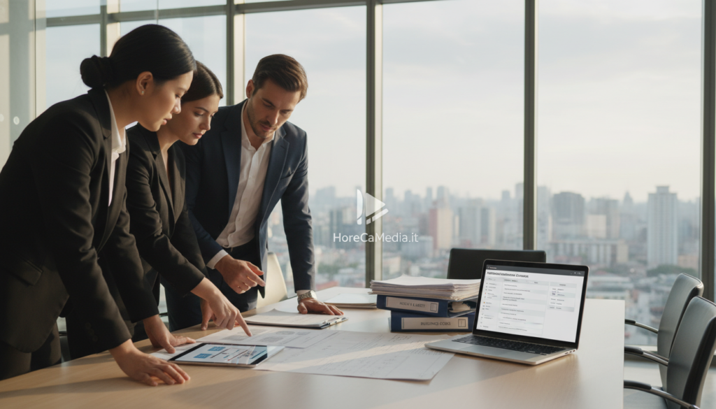 A professional business setting focused on licenses and permits for opening a local business, specifically in the HoReCa sector. In the foreground, a diverse group of three individuals in formal business attire is gathered around a table, reviewing documents and discussing important papers. In the middle ground, stacks of official papers and a laptop display checklists and regulatory guidelines. The background features a modern office environment with large windows letting in natural light, creating a warm and focused atmosphere. Soft shadows enhance depth, and the overall composition conveys urgency and diligence in planning. The image is styled to reflect professionalism and attention to detail, appropriate for the theme of business compliance in the HoReCa industry. Reference the brand name "HoReCaMedia.it" subtly within the environment without any text.