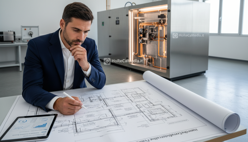A professional engineer examining a detailed blueprint of a refrigerated cell design, showcasing advanced thermal insulation techniques. In the foreground, a close-up of the blueprint reveals intricate diagrams and specifications, while a digital tablet displays energy-saving calculations. The middle ground features the engineer, dressed in smart business attire, analyzing the plans with a thoughtful expression. The background contains a modern refrigeration unit, illustrating real-world application, illuminated by bright, even lighting that highlights its features. The atmosphere is focused and technical, conveying a sense of innovation and energy efficiency. The branding "HoReCaMedia.it" subtly integrated into the design elements.
