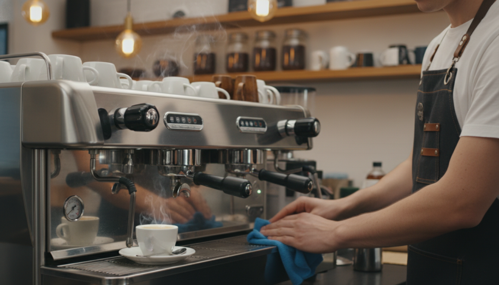 A professional espresso coffee machine located in a bustling café environment, showcasing its sleek stainless steel design and intricate details. In the foreground, the espresso machine is highlighted with polished metal finish, shiny knobs, and a steaming coffee cup positioned next to it, showcasing freshly brewed espresso. The middle background features a barista in a professional apron, diligently cleaning the machine with a microfiber cloth, emphasizing the importance of maintenance. In the background, the café's warm ambiance includes wooden shelves filled with coffee beans, cups, and equipment, illuminated by soft, warm lighting that creates an inviting atmosphere. The scene captures the dedication to cleanliness and quality in a HoReCa setting, evoking a sense of professionalism and care in coffee preparation. High-resolution, depth of field shot angled to emphasize the machine and the barista's actions without any text or branding overlay.