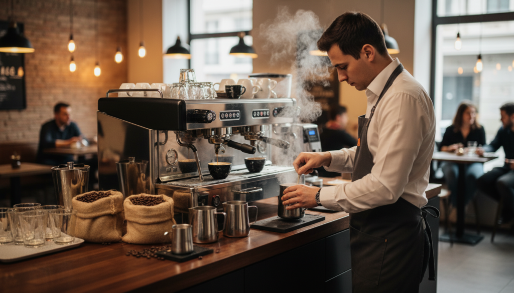 A professional espresso coffee machine prominently displayed on a sleek wooden counter, surrounded by fresh coffee beans and elegant glassware. In the foreground, a skilled barista in professional attire carefully prepares a coffee drink, showcasing precise techniques with steaming milk and espresso extraction. The middle background features vibrant, soft lighting that highlights the machine's glossy finish and intricate design details, using a wide-angle lens for an immersive perspective. A modern café ambiance envelops the scene with hints of patrons enjoying coffee in the blurred background. The overall mood is warm and inviting, emphasizing the craftsmanship of high-end coffee machines, capturing the essence of the HoReCa industry as seen on HoReCaMedia.it. A professional espresso coffee machine prominently displayed on a sleek wooden counter, surrounded by fresh coffee beans and elegant glassware. In the foreground, a skilled barista in professional attire carefully prepares a coffee drink, showcasing precise techniques with steaming milk and espresso extraction. The middle background features vibrant, soft lighting that highlights the machine's glossy finish and intricate design details, using a wide-angle lens for an immersive perspective. A modern café ambiance envelops the scene with hints of patrons enjoying coffee in the blurred background. The overall mood is warm and inviting, emphasizing the craftsmanship of high-end coffee machines, capturing the essence of the HoReCa industry as seen on HoReCaMedia.it.