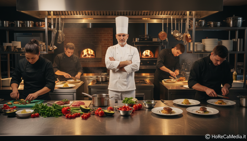 A professional kitchen brigade in action: a chef de cuisine stands confidently at the center, wearing a pristine white chef's uniform with a tall hat, overseeing the bustling kitchen. Surrounding him, sous chefs and line cooks, dressed in black aprons and matching attire, are skillfully preparing dishes at various stations. The foreground features gleaming stainless-steel countertops filled with fresh ingredients and cookware, while the middle shows vibrant plates being artfully arranged and garnished. In the background, a large oven and shelves stocked with culinary tools create an authentic kitchen atmosphere. The scene is illuminated by warm, soft lighting that enhances the inviting and industrious mood of the space, captured from a slightly elevated angle to provide a comprehensive overview of the brigade’s hierarchy and teamwork. Image by HoReCaMedia.it.