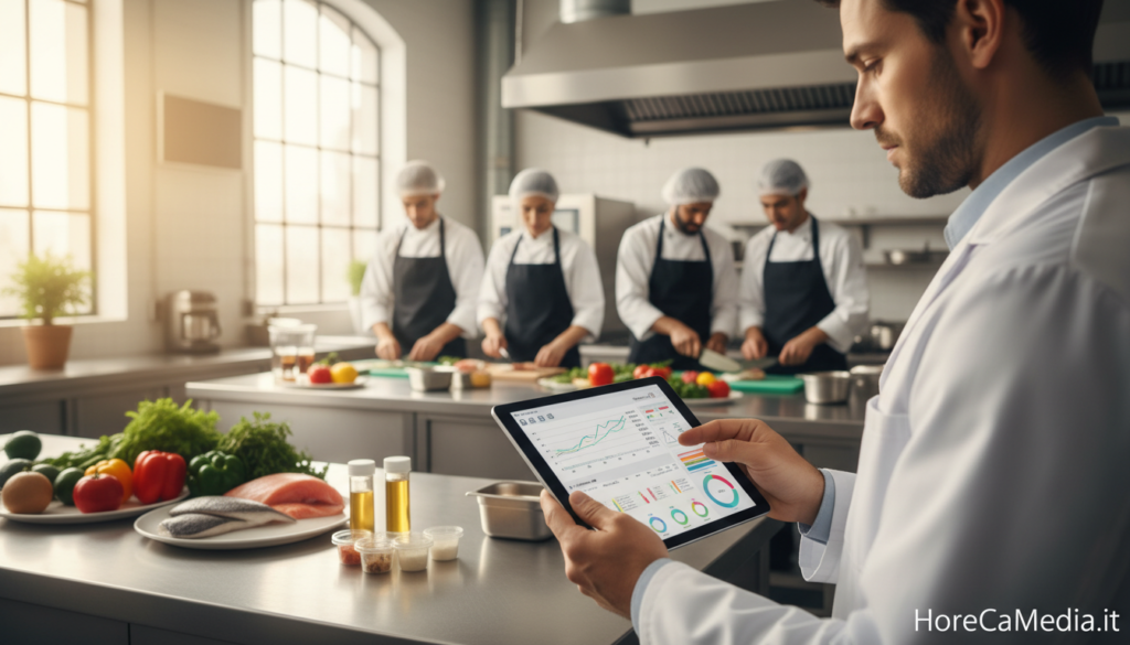 A professional kitchen environment representing data traceability in HACCP protocols. In the foreground, a focused food safety manager wearing a white lab coat examines a detailed HACCP data chart on a digital tablet, displaying graphs and compliance metrics. In the middle, a stainless steel counter laden with fresh ingredients and food samples, emphasizing hygiene and preparation standards. In the background, a collaborative team of kitchen staff with diverse backgrounds engage in food preparation, all dressed in professional kitchen attire. Soft, natural lighting filters through large windows, casting a warm glow that highlights the commitment to safety and compliance. The atmosphere is serious yet positive, symbolizing the importance of updated HACCP procedures for the HoReCa industry. Include logo "HoReCaMedia.it" subtly displayed in the corner of the image.