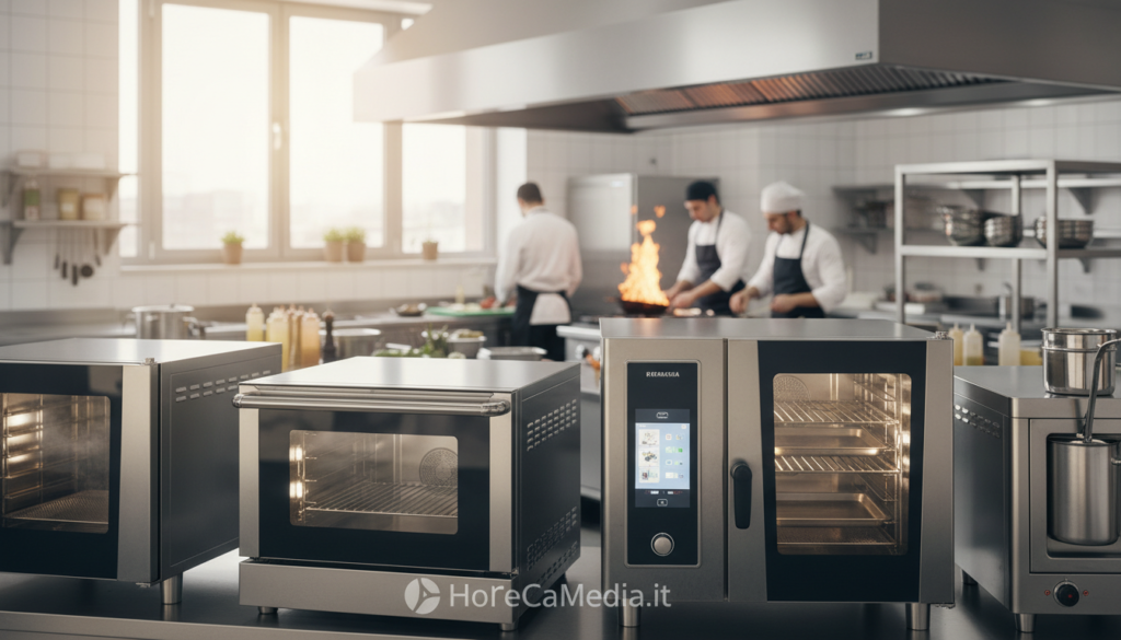 A professional kitchen scene showcasing various types of high-end commercial ovens, emphasizing their innovative designs and applications. In the foreground, display a sleek combination oven with digital controls illuminated under bright, natural lighting. In the middle, include different oven models such as convection and steam ovens, arranged artistically to highlight their functional features. The background should show a bustling restaurant kitchen environment with chefs in professional attire, actively preparing dishes. Use a shallow depth of field to draw attention to the oven models while softly blurring the background action, creating a dynamic atmosphere of culinary creativity. This image should convey the high-tech nature of the kitchen equipment while maintaining a clean and professional aesthetic. Include the brand presence "HoReCaMedia.it".