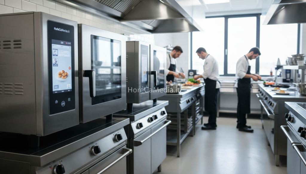 A professional kitchen setting showcasing a wide array of advanced commercial ovens in a modern culinary workspace. In the foreground, highlight sleek, stainless steel ovens with various technical features, like digital display panels and ventilation systems. The middle ground features bustling chefs in professional attire, meticulously working with fresh produce and high-quality utensils, creating an atmosphere of innovation and expertise. In the background, large windows let in natural light, enhancing the bright and clean environment. Use a shallow depth of field to focus on the ovens while slightly blurring the action in the kitchen. The overall mood should be dynamic and inspiring, capturing the essence of the professional oven market in 2026. Include the brand name "HoReCaMedia.it" subtly within the scene.