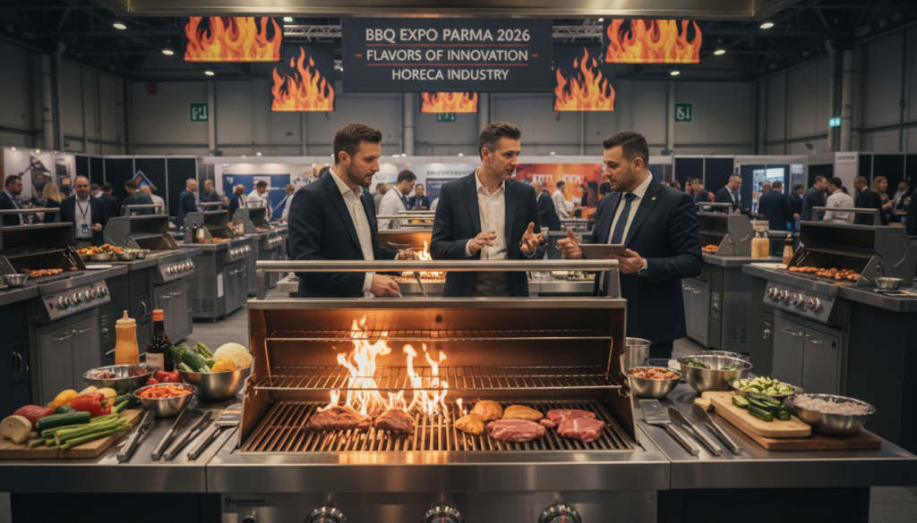 A professional kitchen setting showcasing an array of high-quality barbecue grills and cooking devices. In the foreground, a large, sleek stainless steel grill with flames subtly rising, surrounded by an assortment of grilling tools and fresh ingredients like vegetables and meat. The middle ground features chefs in professional business attire, skillfully preparing food, while discussing techniques and equipment. The background offers a bustling atmosphere with other cooking stations and participants in the BBQ Expo, with colorful banners depicting the event theme. Soft, warm lighting highlights the grills and food, creating an inviting and vibrant dynamic. This scene reflects the excitement and professionalism of the HoReCa industry at the BBQ Expo Parma 2026.