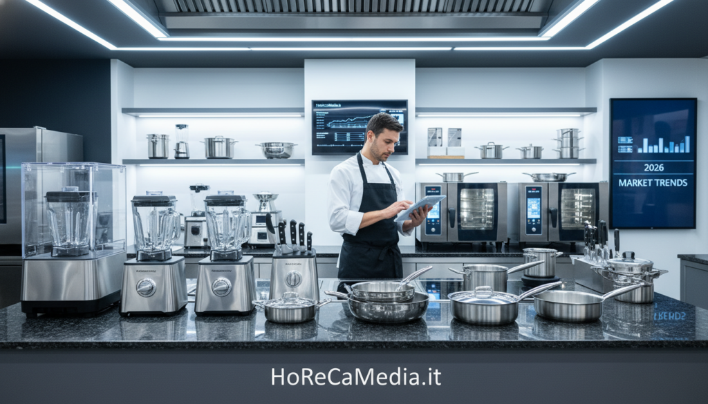 A professional kitchen supply showcase, emphasizing the latest trends in 2026. In the foreground, display a variety of high-quality kitchen appliances, including industrial blenders, ovens, and stainless-steel cookware, arranged neatly on a polished countertop. The middle ground features a chef in professional attire analyzing pricing charts on a tablet, surrounded by elegant culinary tools. The background depicts a well-organized kitchen space, brightly lit with modern lighting fixtures, highlighting the sleek design and functionality of the equipment. The atmosphere conveys innovation and efficiency, underscoring the focus on market prices in the professional culinary sector. The image reflects a contemporary HoReCa setting while showcasing the brand "HoReCaMedia.it".