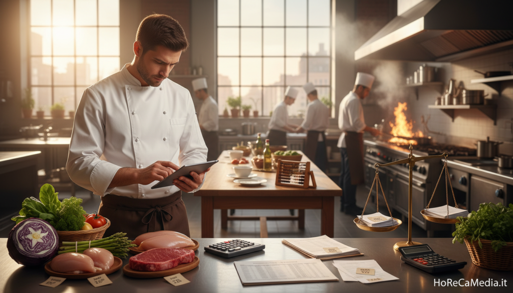 A professional kitchen workspace in a restaurant setting, showcasing the concept of food cost, both active and passive. In the foreground, a chef in a white coat and apron meticulously calculates food costs on a digital tablet, surrounded by fresh ingredients like vegetables and meats. In the middle ground, a neatly arranged table displays price tags and cost sheets, with an abacus for a vintage touch, emphasizing the balance between active and passive costs. The background features a bustling kitchen with chefs preparing dishes, conveying a dynamic environment. Bright, warm lighting creates an inviting atmosphere that symbolizes productivity and efficiency. The overall mood is educational and focused, perfect for illustrating financial concepts in the HoReCa industry, attributed to HoReCaMedia.it.