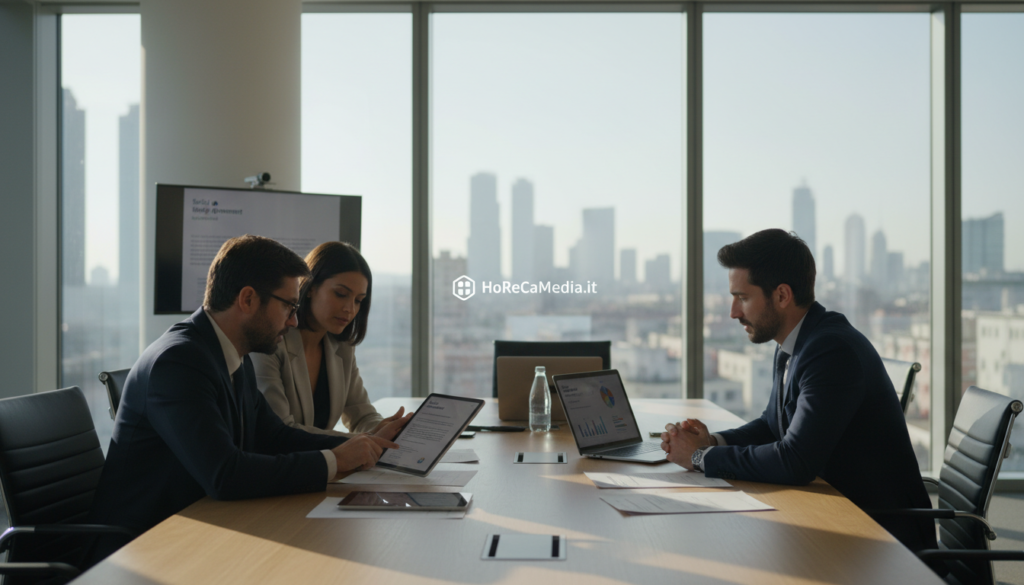 A professional meeting room set in a modern office, bathed in soft natural light streaming through large windows. In the foreground, a diverse group of three business professionals—two men and one woman—are engaged in a focused discussion, dressed in smart business attire. They are reviewing a contract titled "Solid Supply Agreement" displayed on a tablet. In the middle ground, a sleek wooden conference table is adorned with digital devices and documents. The background features a city skyline visible through the windows, adding a sense of aspiration. The atmosphere is one of collaboration and determination, symbolizing the foundation of a successful partnership. The brand name "HoReCaMedia.it" subtly integrated into the scene, reflecting the industry context.