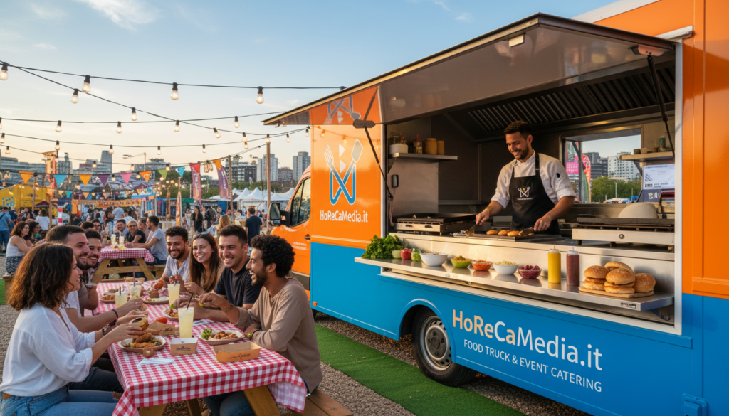 A professional mobile catering food truck parked at a vibrant outdoor festival, showcasing its distinctive design and brand identity for "HoReCaMedia.it." In the foreground, a friendly chef in a neat uniform prepares gourmet dishes, with fresh ingredients visible on the countertop. The middle ground features customers happily enjoying their meals at picnic tables, highlighting a communal and festive atmosphere. The backdrop features colorful decorations, string lights, and city skyline under a clear blue sky, suggesting a lively urban setting. The lighting is warm and inviting, emanating a cheerful ambiance typical of a bustling food truck scene. The image captures the essence of mobile catering success, emphasizing professionalism and community engagement.