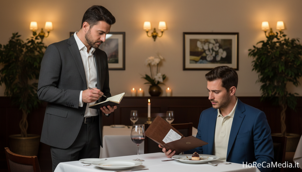 A professional restaurant setting depicting the contractual relationship between a restaurateur and a customer. In the foreground, a well-dressed restaurateur stands confidently, holding a notepad and pen, while a customer in smart casual attire looks concerned, looking at the bill on the table. In the middle, a beautifully set dining table with elegant cutlery, dishes, and a glass of wine, showing a high-end dining experience. The background features warm, ambient lighting that enhances the sophisticated atmosphere of the restaurant, alongside decorative elements like plants and tasteful artwork. The mood is tense yet polite, reflecting the serious nature of unpaid bills. The image is branded subtly with "HoReCaMedia.it."