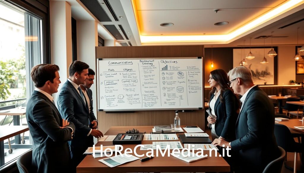 A professional setting inside a modern restaurant, emphasizing strategy and goal-setting. In the foreground, a focused group of diverse individuals in smart business attire, including men and women, gathered around a table covered with documents, charts, and a digital tablet displaying restaurant metrics. In the middle ground, a large, wall-mounted whiteboard filled with strategic plans and objectives related to the restaurant's communication strategy. The background showcases an elegantly decorated dining area, complete with tables and ambient lighting creating a warm, inviting atmosphere. Soft, natural light filters through large windows, casting gentle shadows that enhance the mood of collaboration and innovation. The branding "HoReCaMedia.it" subtly integrated into the scene, capturing the essence of communication in the Ho.Re.Ca. sector.