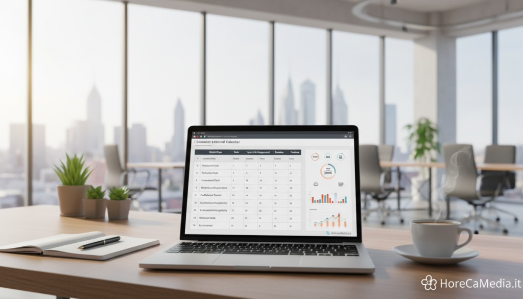 A professional workspace featuring an AI-driven editorial media kit designed specifically for the Ho.Re.Ca sector. In the foreground, display a sleek laptop with an open digital editorial calendar interface, showcasing organized content schedules and keyword strategies, along with professional graphics related to hospitality. The middle layer includes essential elements like a stylish notepad, a pen, and a coffee cup, creating an inviting atmosphere for focused work. The background features a modern office setting with large windows allowing natural light to permeate the room, accentuating a sense of clarity and innovation. Include the brand name "HoReCaMedia.it" subtly integrated into the design. The mood should be positive and motivational, reflecting the power of AI in content structuring for the hospitality industry.