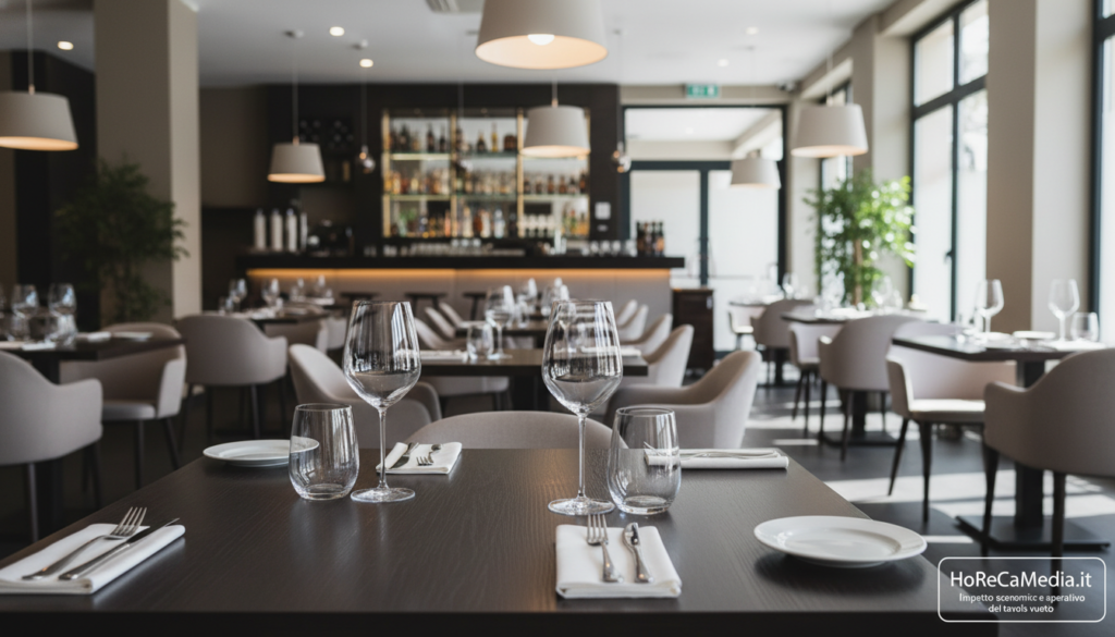 A serene and sophisticated restaurant interior showcasing several empty tables, highlighting the economic and operational impact of vacant spaces. In the foreground, polished wooden tables are neatly set with elegant dinnerware, glistening under soft, ambient lighting. In the middle ground, a well-organized dining area features stylish chairs, plants, and a subtle bar area in the background. Large windows allow natural light to filter in, creating a warm and inviting atmosphere. The mood conveys a sense of anticipation and opportunity, encapsulating the challenges faced by restaurants in managing no-show reservations. Ensure the scene reflects a professional and contemporary dining environment, emphasizing the importance of innovative technology solutions in the hospitality sector. This image captures the essence of "Impatto economico e operativo dei tavoli vuoti". Brand attribution: HoReCaMedia.it. A serene and sophisticated restaurant interior showcasing several empty tables, highlighting the economic and operational impact of vacant spaces. In the foreground, polished wooden tables are neatly set with elegant dinnerware, glistening under soft, ambient lighting. In the middle ground, a well-organized dining area features stylish chairs, plants, and a subtle bar area in the background. Large windows allow natural light to filter in, creating a warm and inviting atmosphere. The mood conveys a sense of anticipation and opportunity, encapsulating the challenges faced by restaurants in managing no-show reservations. Ensure the scene reflects a professional and contemporary dining environment, emphasizing the importance of innovative technology solutions in the hospitality sector. This image captures the essence of "Impatto economico e operativo dei tavoli vuoti". Brand attribution: HoReCaMedia.it.