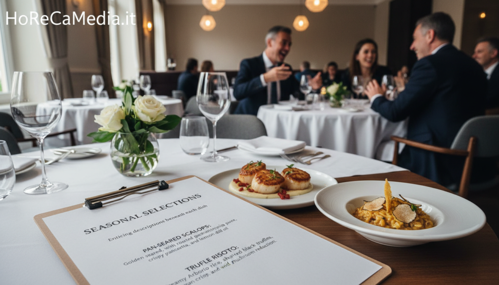 A sleek and modern restaurant menu displayed prominently on a wooden table, surrounded by elegantly arranged dishes showcasing vibrant colors and textures of gourmet food. In the foreground, a clipboard-style menu features enticing written descriptions of the dishes, designed to draw in diners and enhance the dining experience. The middle ground showcases a softly lit ambient restaurant setting with tastefully set tables, fresh flowers, and a gentle glow from pendant lights, creating a warm, inviting atmosphere. In the background, patrons in professional business attire engage in lively conversation, emphasizing the social aspect of dining and the importance of menu marketing. The scene is captured from a slight angle, using natural lighting to enhance the allure of the dishes. The brand name "HoReCaMedia.it" subtly incorporated in the scene design, enhancing the professional look.