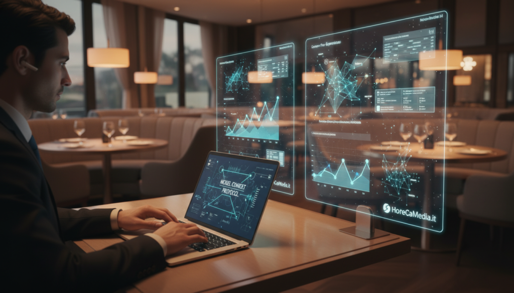 A sleek and modern restaurant or hotel ambiance, showcasing a digital interface that visually represents the Model Context Protocol. In the foreground, a professional sitting at a table with a laptop, dressed in business attire, analyzing data and communicating with a virtual assistant. In the middle, interactive digital displays projecting graphs, AI algorithms, and contextual data tailored for the hospitality industry. The background features a stylish dining area with soft ambient lighting, enhancing the high-tech atmosphere. Use a warm glow to evoke an inviting mood, captured with a shallow depth of field from a low-angle perspective. This image should visually align with the concept of optimizing hospitality businesses for AI-driven processes, branded subtly with "HoReCaMedia.it."