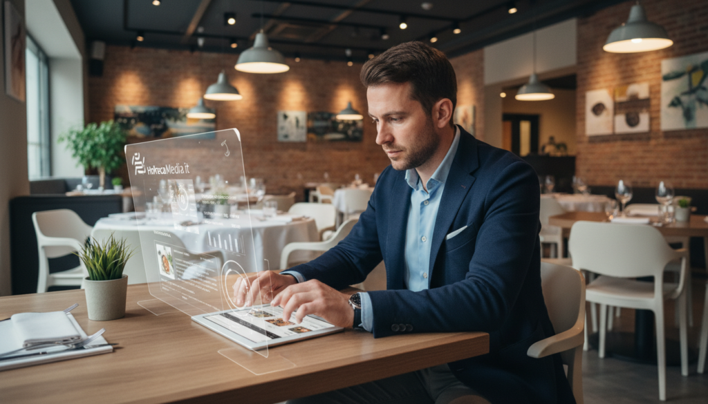 A sleek and modern restaurant setting featuring an AI social media manager at work. In the foreground, a digital display showcasing analytics and content suggestions, with a tablet in view, conveying the integration of AI technology. The middle ground depicts a professional individual, dressed in smart casual attire, engaging with the AI interface, with a thoughtful expression indicating creative planning. The background reveals a stylish restaurant interior, complete with elegant lighting, tables set for dining, and subtle decor that evokes a warm atmosphere. Soft ambient lighting highlights the scene, creating a welcoming and innovative vibe. The brand “HoReCaMedia.it” is subtly represented through a logo on the digital interface. The overall mood is professional yet inviting, showcasing the future of restaurant management through AI.
