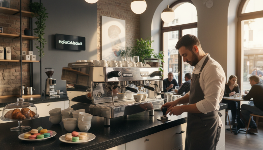 A sleek, modern coffee machine from popular brands like Cimbali and La Marzocco sits confidently on a polished granite countertop in a bustling café environment. In the foreground, a professional barista in smart attire expertly brews espresso, showcasing the machine's advanced features. Surrounding them, elegant coffee cups and exquisite pastries create an inviting, warm atmosphere. Soft, ambient lighting highlights the machine's metallic finish and intricate design, while natural sunlight streams through large windows, adding a lively yet cozy vibe. In the background, the café setting is filled with tastefully arranged decor and patrons enjoying their coffee, embodying the vibrant and innovative world of professional espresso machines in 2026. HoReCaMedia.it. A sleek, modern coffee machine from popular brands like Cimbali and La Marzocco sits confidently on a polished granite countertop in a bustling café environment. In the foreground, a professional barista in smart attire expertly brews espresso, showcasing the machine's advanced features. Surrounding them, elegant coffee cups and exquisite pastries create an inviting, warm atmosphere. Soft, ambient lighting highlights the machine's metallic finish and intricate design, while natural sunlight streams through large windows, adding a lively yet cozy vibe. In the background, the café setting is filled with tastefully arranged decor and patrons enjoying their coffee, embodying the vibrant and innovative world of professional espresso machines in 2026. HoReCaMedia.it.
